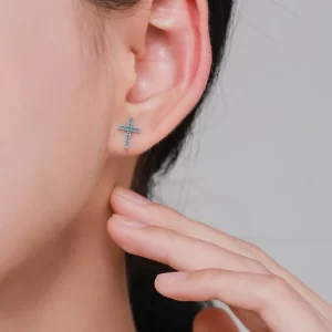 blauwe steen kruis oorbellen