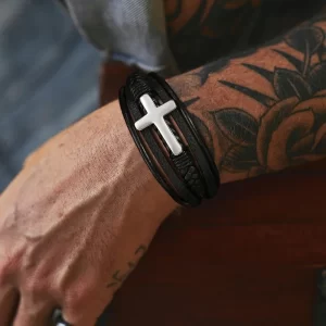armband christelijk kruis gevlochten leer